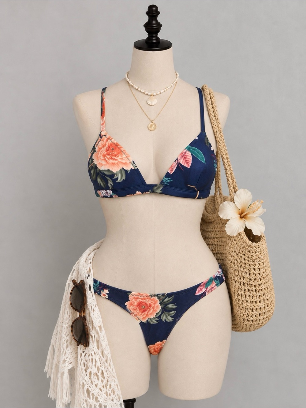 triangl swimwear Navy Floral Bikini with Coral Accents